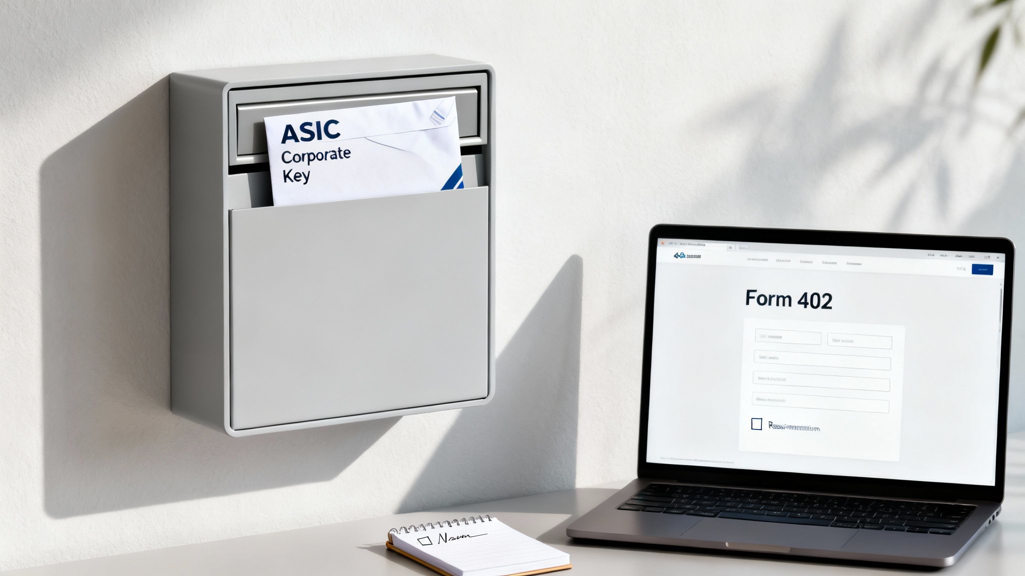 A wall-mounted mailbox with an ASIC corporate key envelope next to a laptop displaying 'Form 402' and a notebook, indicating business processes.