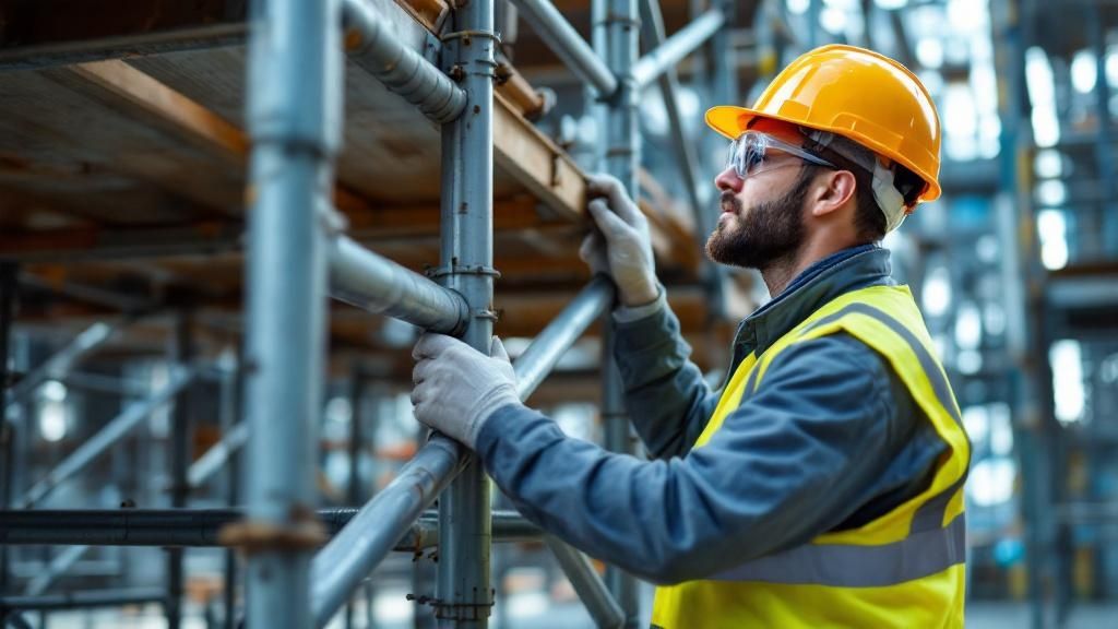 A construction worker inspecting scaffolding while wearing safety gear on a worksite