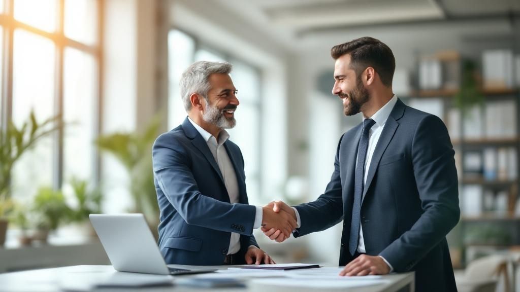 Two businessmen in suits shaking hands in a modern office setting, smiling and appearing to finalise a deal