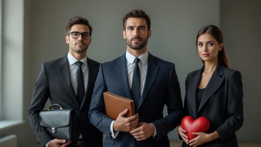 Three professional lawyers in suits, each holding different symbolic items representing legal specialties
