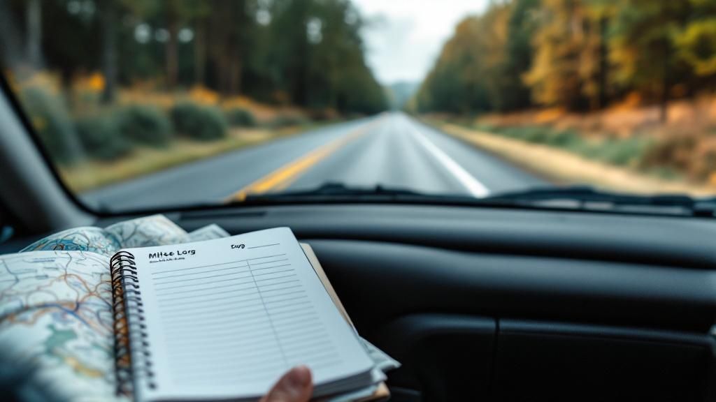 A person holding a mileage log notebook inside a car driving on a road through a forest