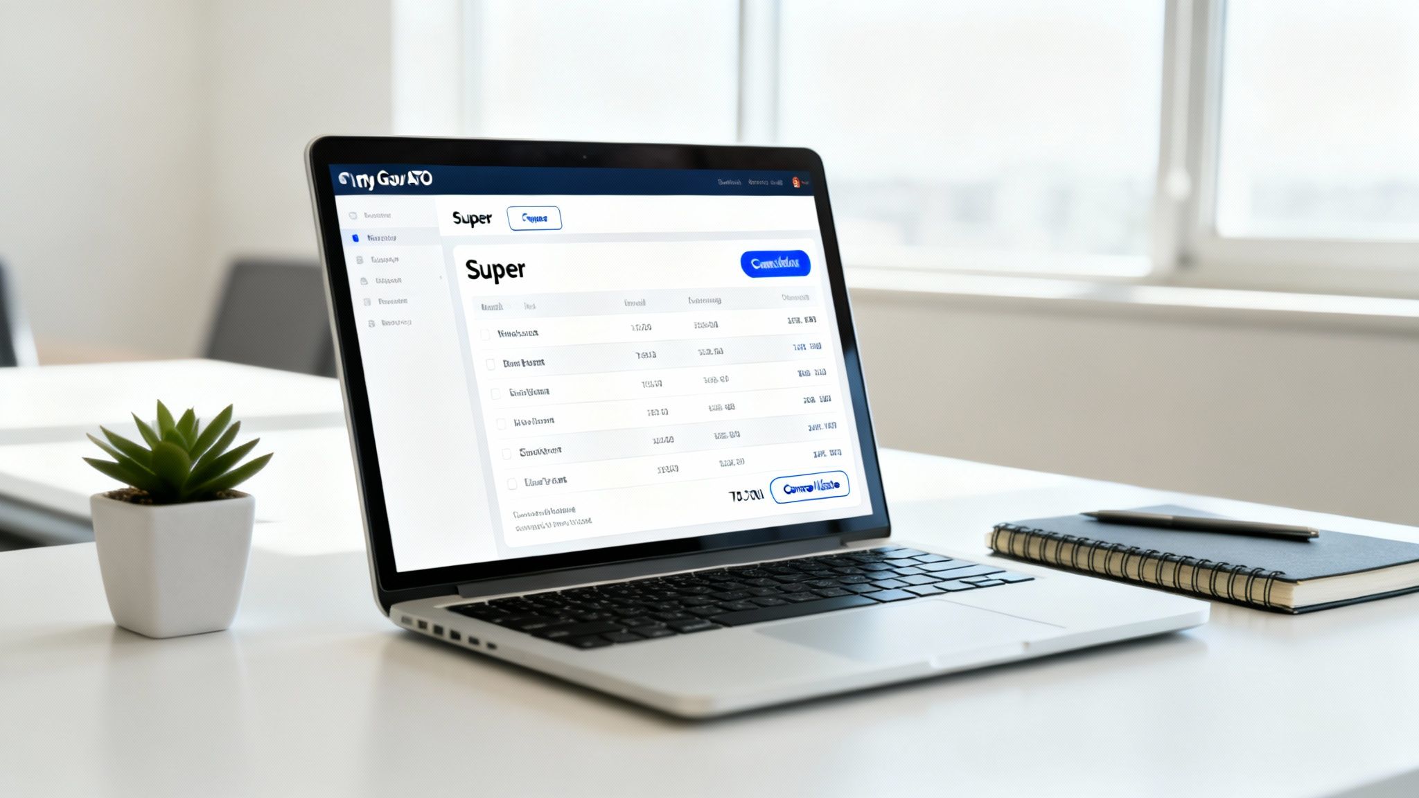 A laptop displaying the MyGov ATO superannuation dashboard on a clean white desk with a plant.
