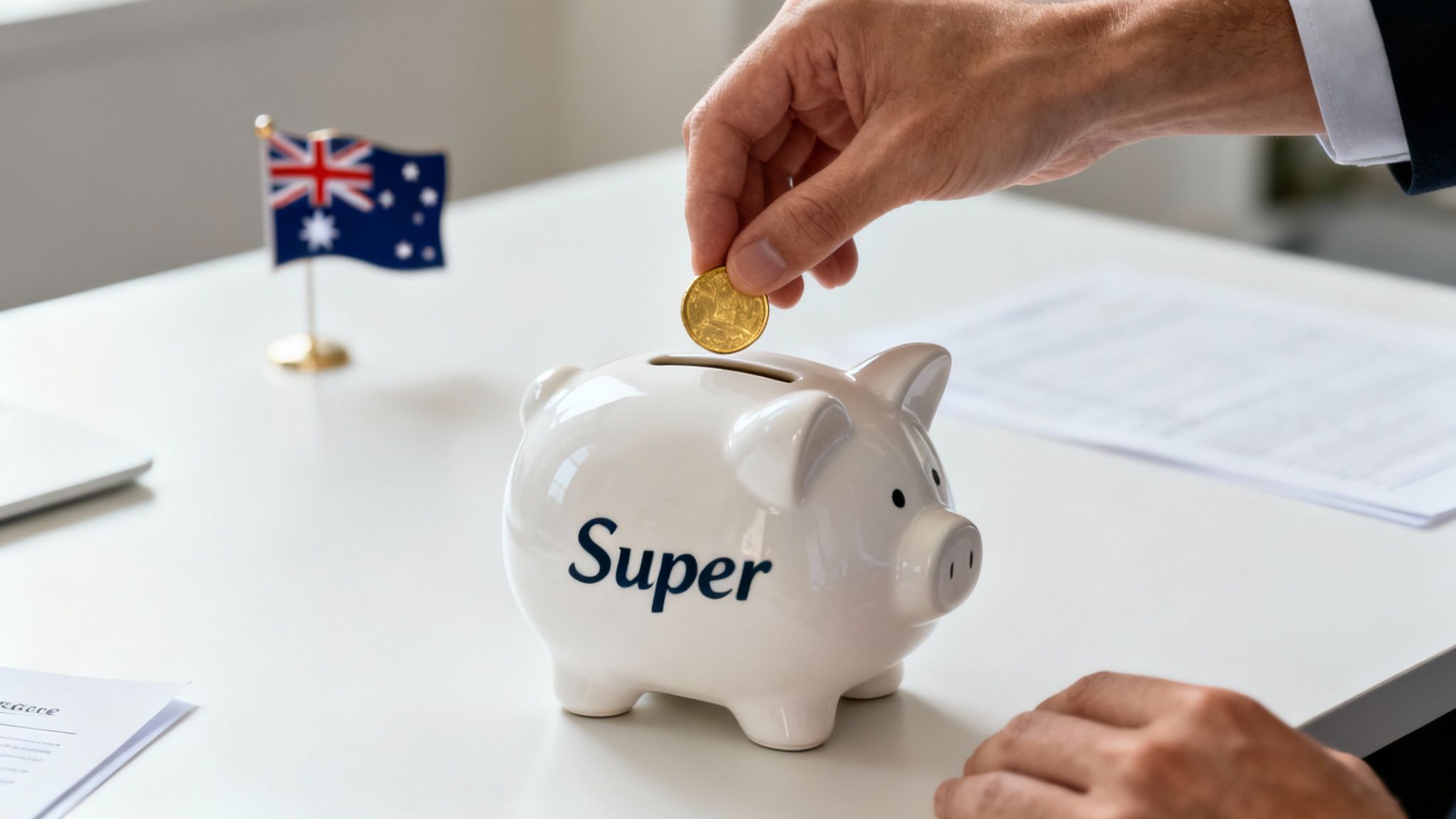A hand puts a gold coin into a white piggy bank labeled 'Super' next to an Australian flag.