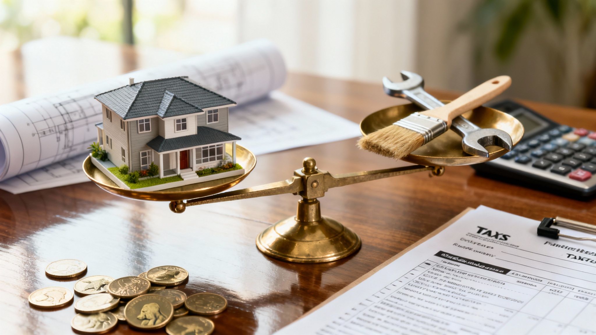 Model house, keys, calculator, and documents representing Australian rental property repair vs renovation tax rules under ATO guidelines.