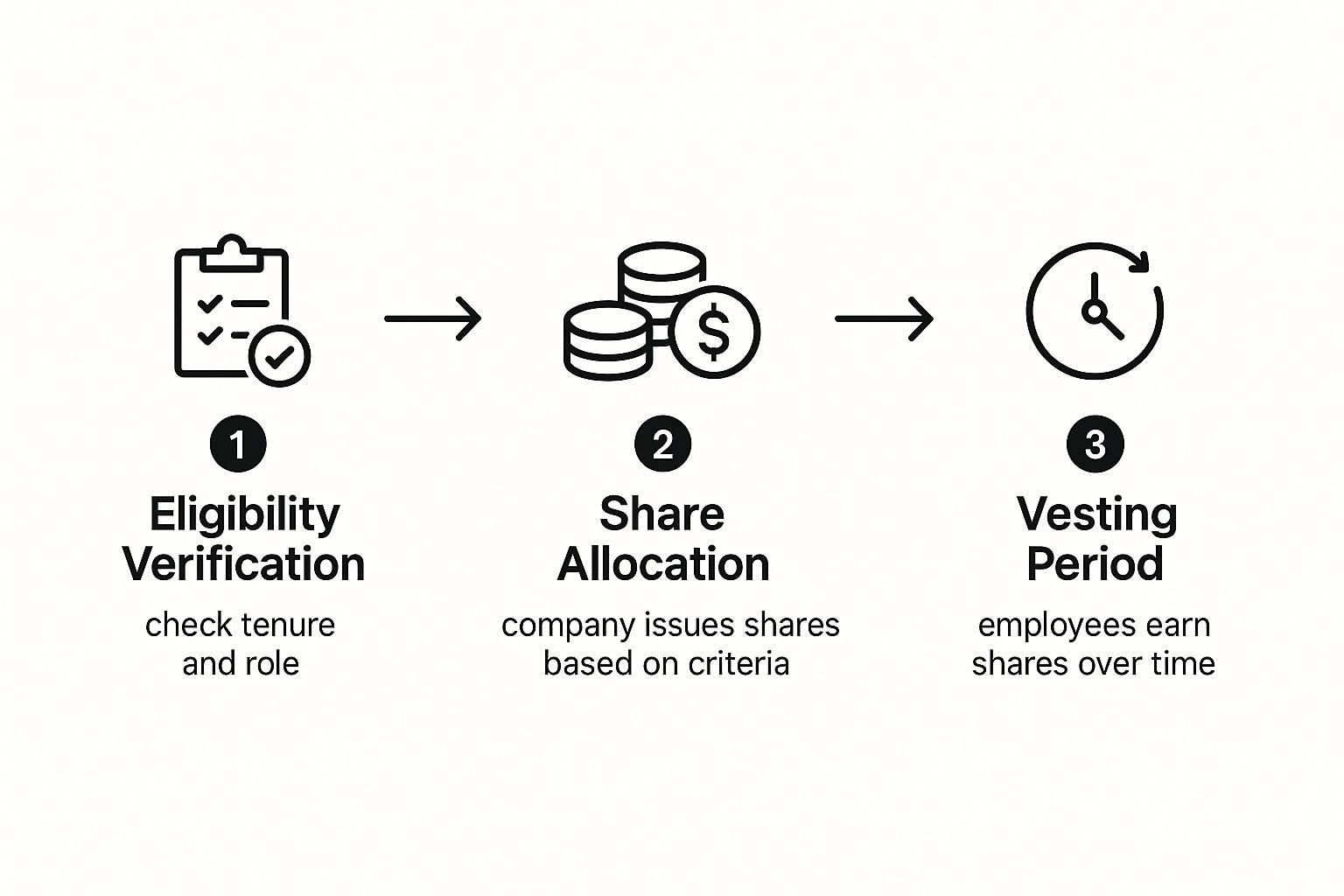 Infographic showing the three key steps of an employee share scheme: eligibility verification, share allocation, and vesting period