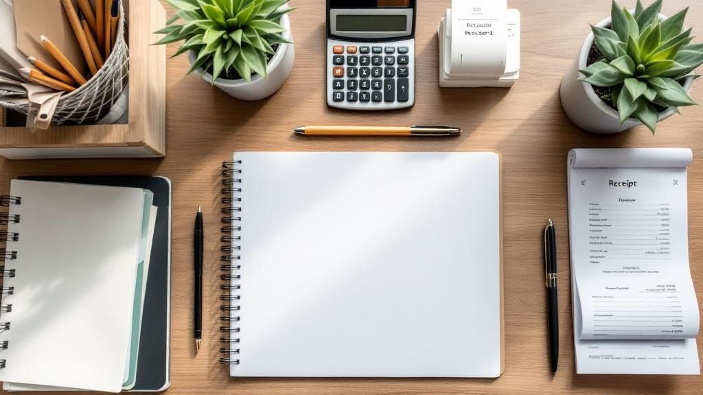 Flat lay of home office desk with notebook, receipts, calculator, pens, and potted plants — setup for organising tax deductions