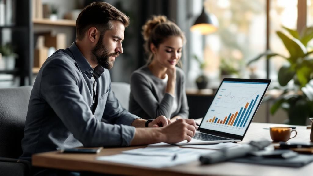 An accountant reviewing quarterly business performance with a client, symbolising personalised and proactive financial support.