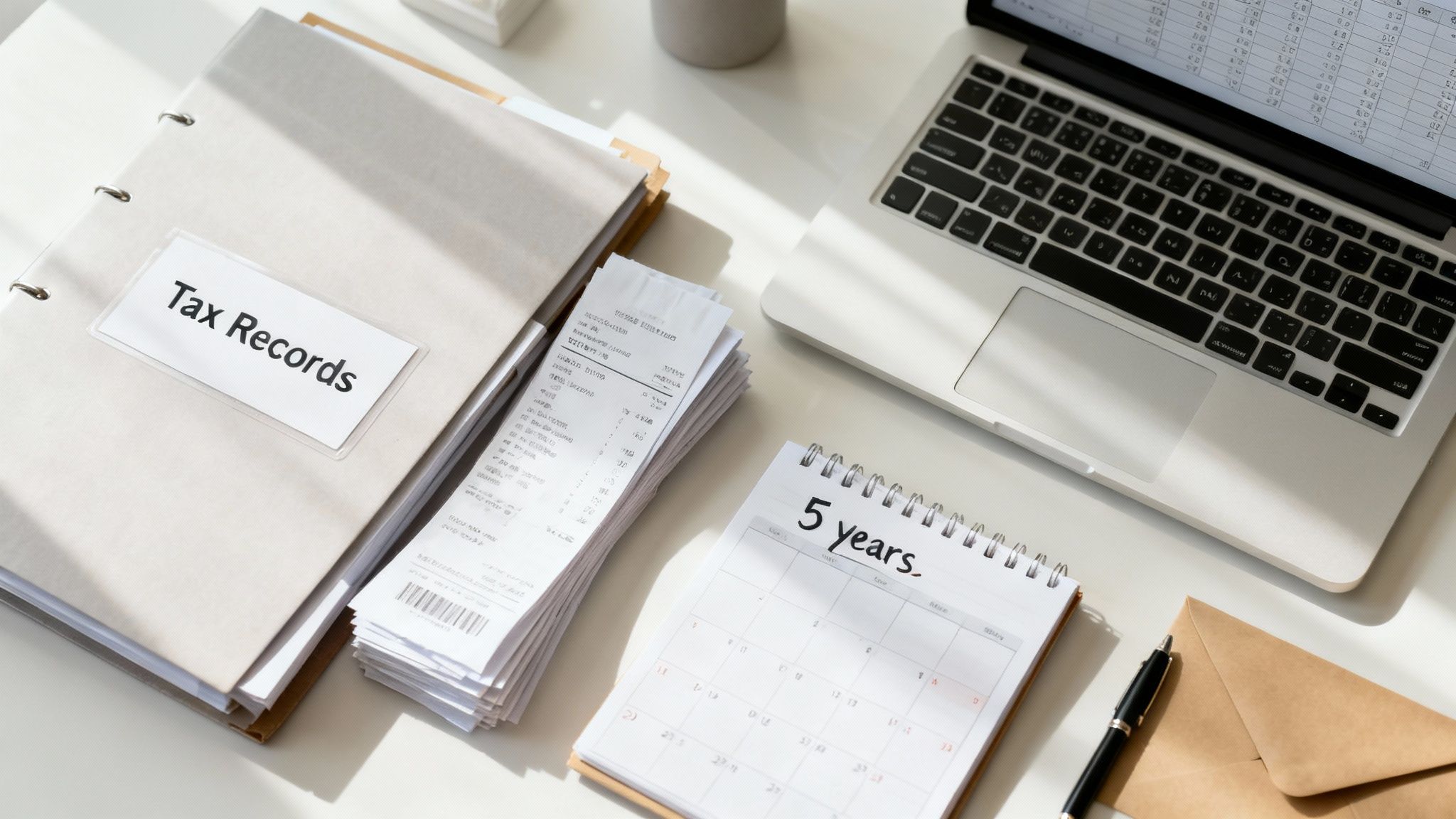 Desk scene with 'Tax Records' binder, receipts, calendar, and laptop for financial management.