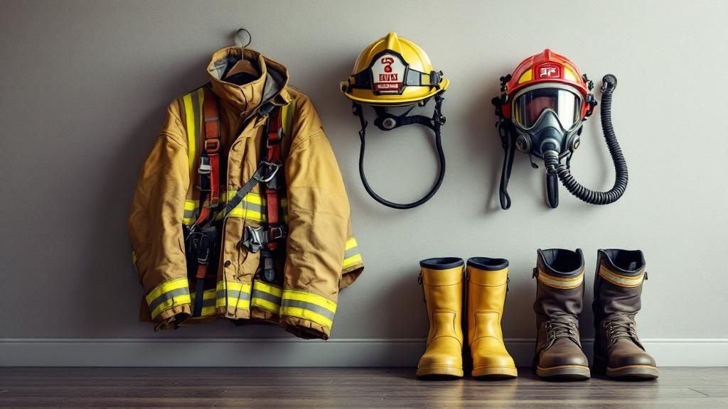 Firefighter protective gear including jacket, helmets, boots, and breathing apparatus displayed on a wall