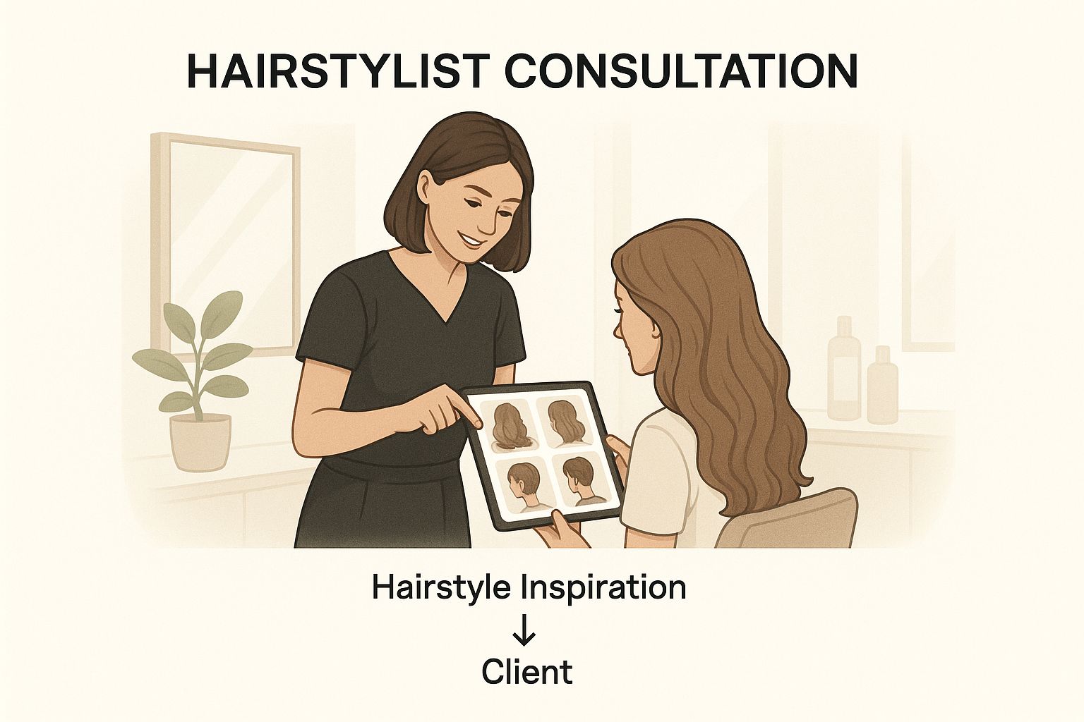 Illustration of a hairstylist showing hairstyle options to a seated client during a consultation.