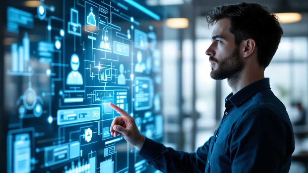 An IT professional interacting with a digital interface displaying data and system architecture.