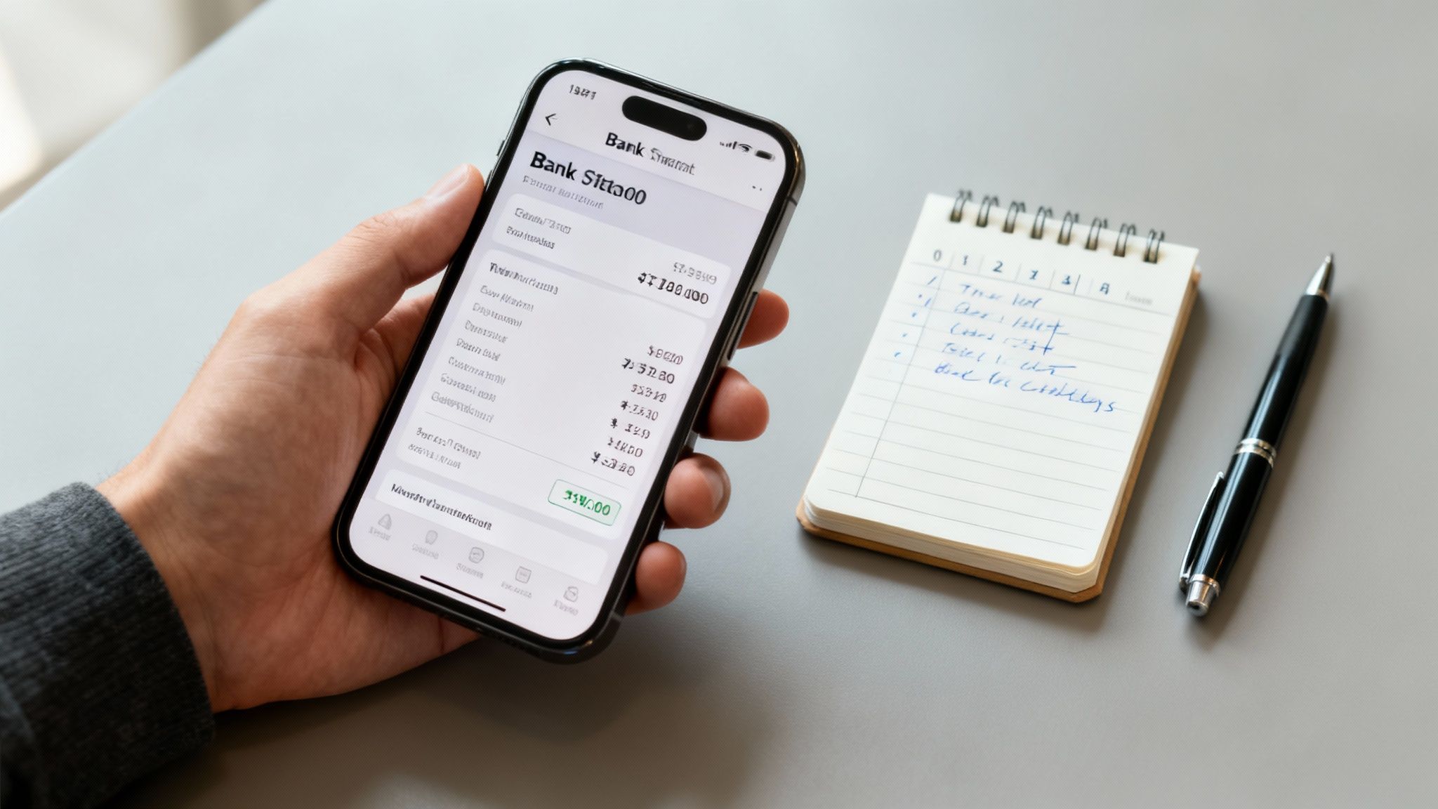 A hand holds a smartphone displaying a banking app next to a notebook and pen on a table.