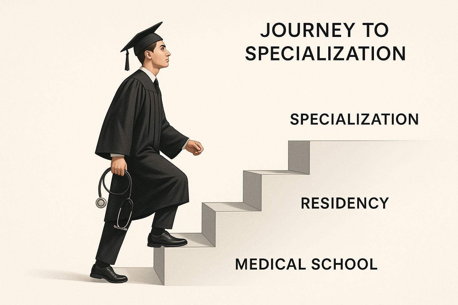 Medical graduate ascending steps labeled Medical School, Residency, and Specialization