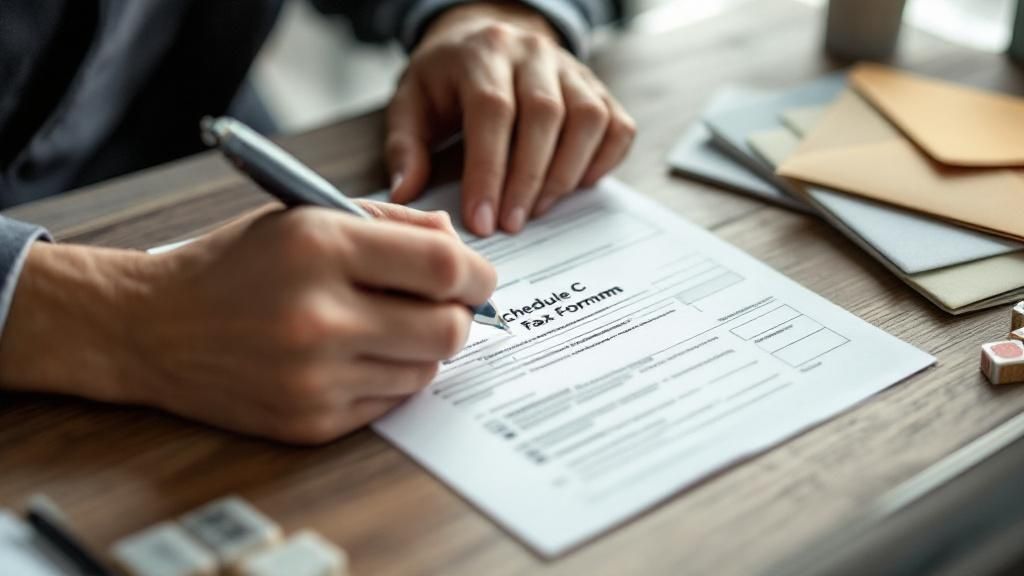 Close-up of a person filling out a Schedule C tax form for self-employed income