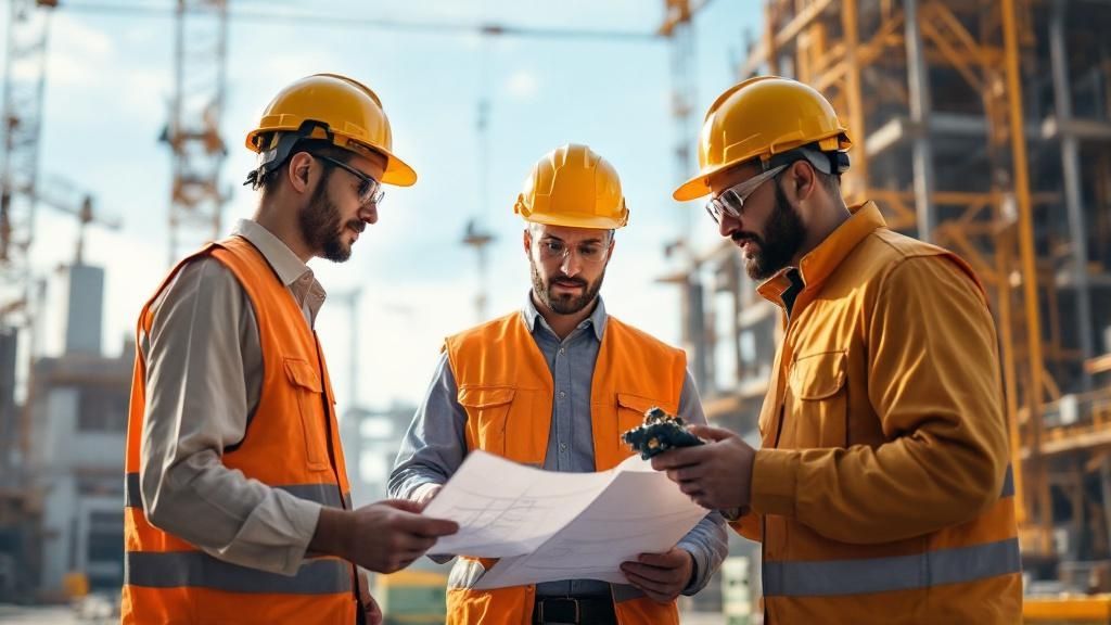Three engineers wearing safety vests and helmets discussing blueprints at a construction site.