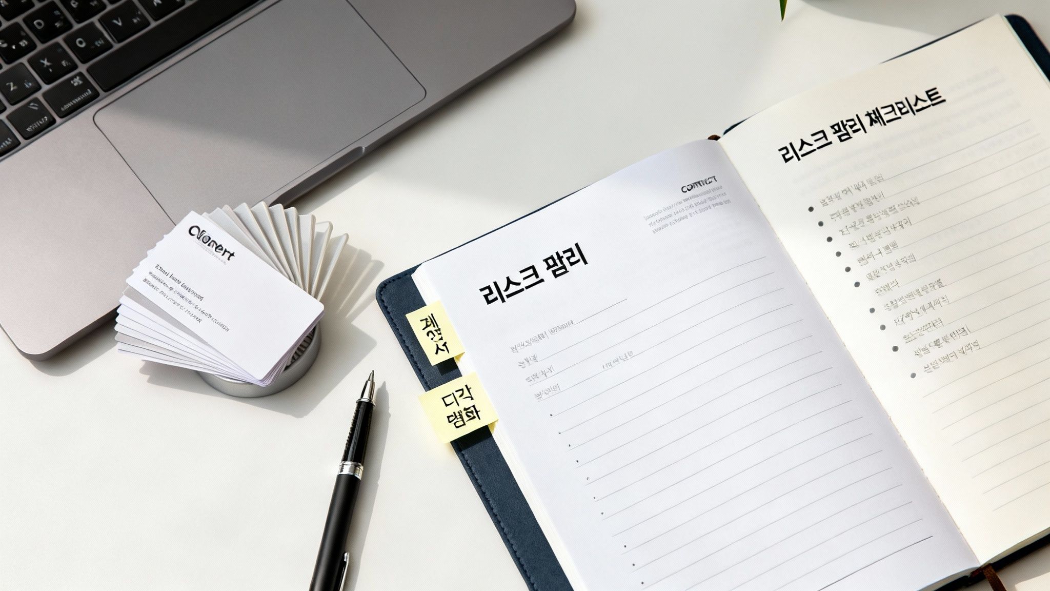 깔끔한 책상 위 노트북, 명함, 한국어 노트, 펜이 놓인 평면 사진