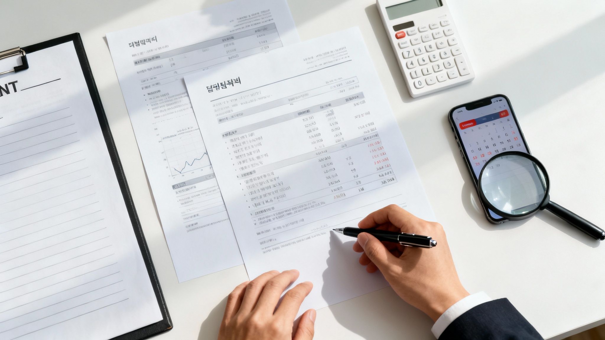 하얀 책상 위 서류를 검토하는 비즈니스맨의 손, 계산기, 스마트폰, 돋보기가 놓여 있다.