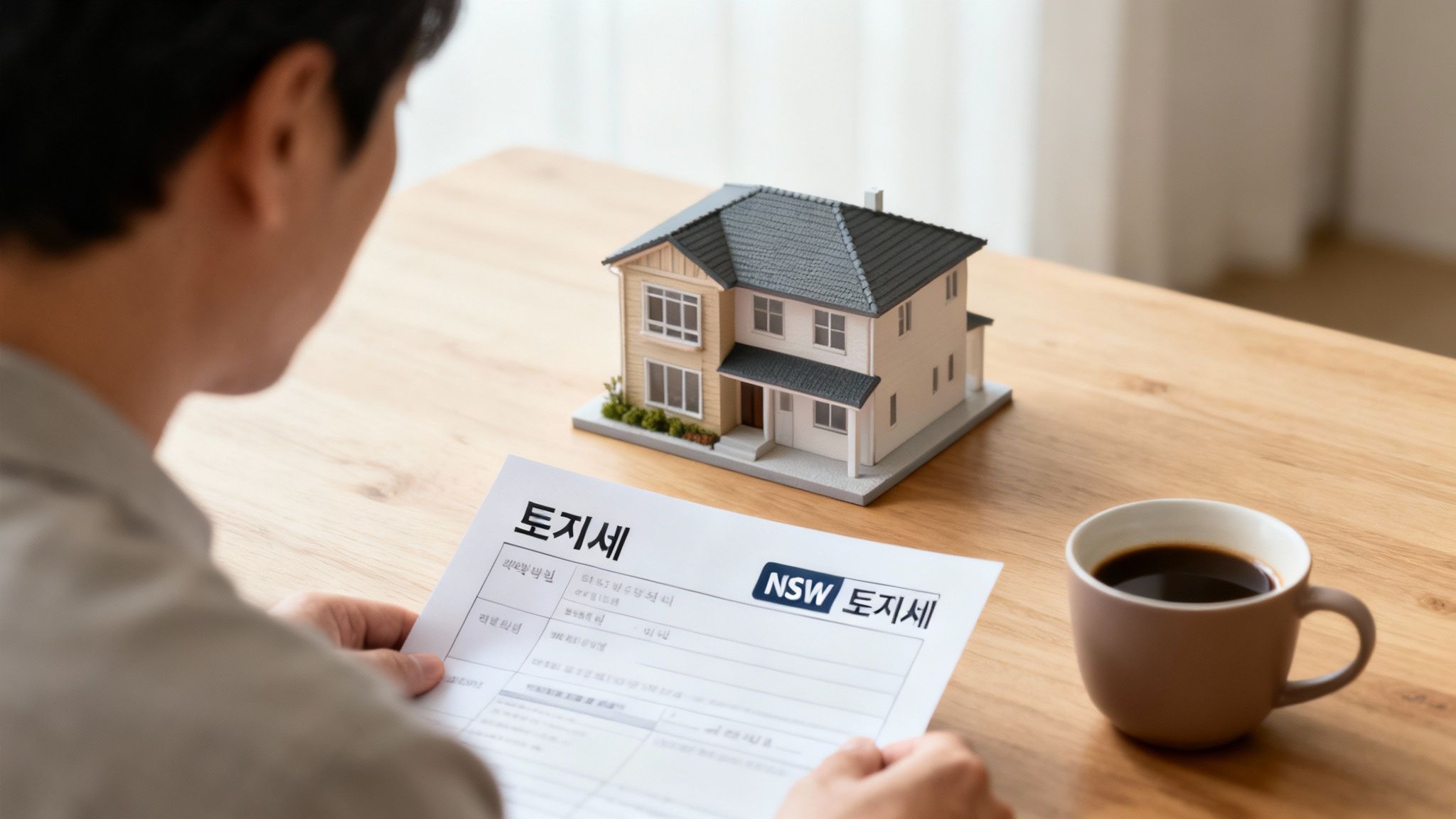 사람이 모형 주택과 커피잔 옆에서 NSW 토지세 서류를 읽고 있는 모습
