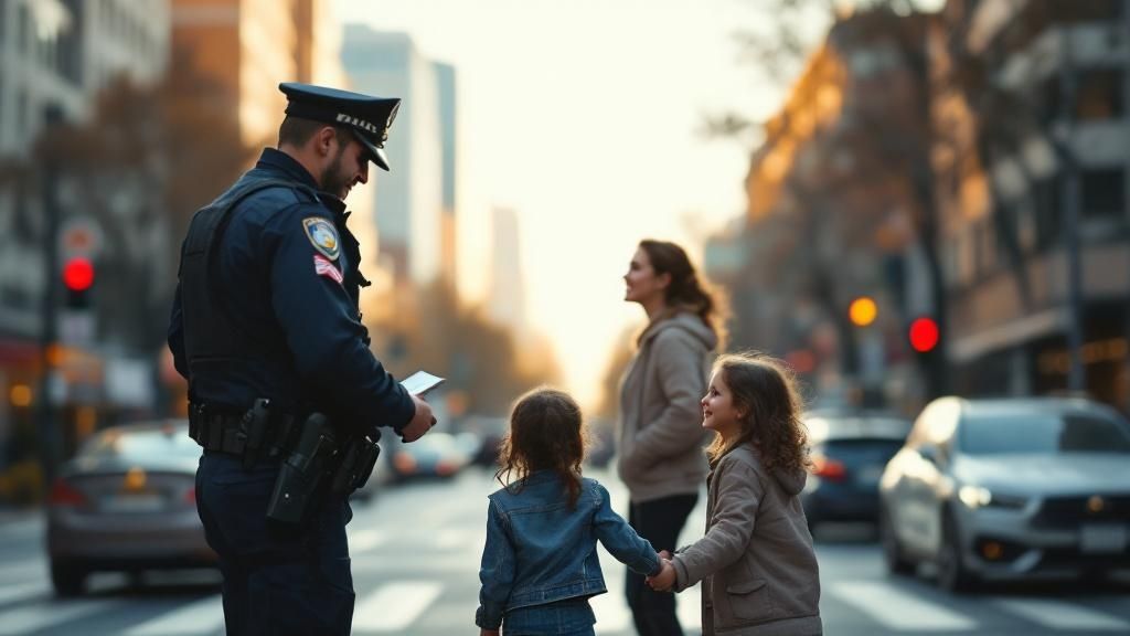 Police officer interacting with two young children and a woman on a city street during daylight.