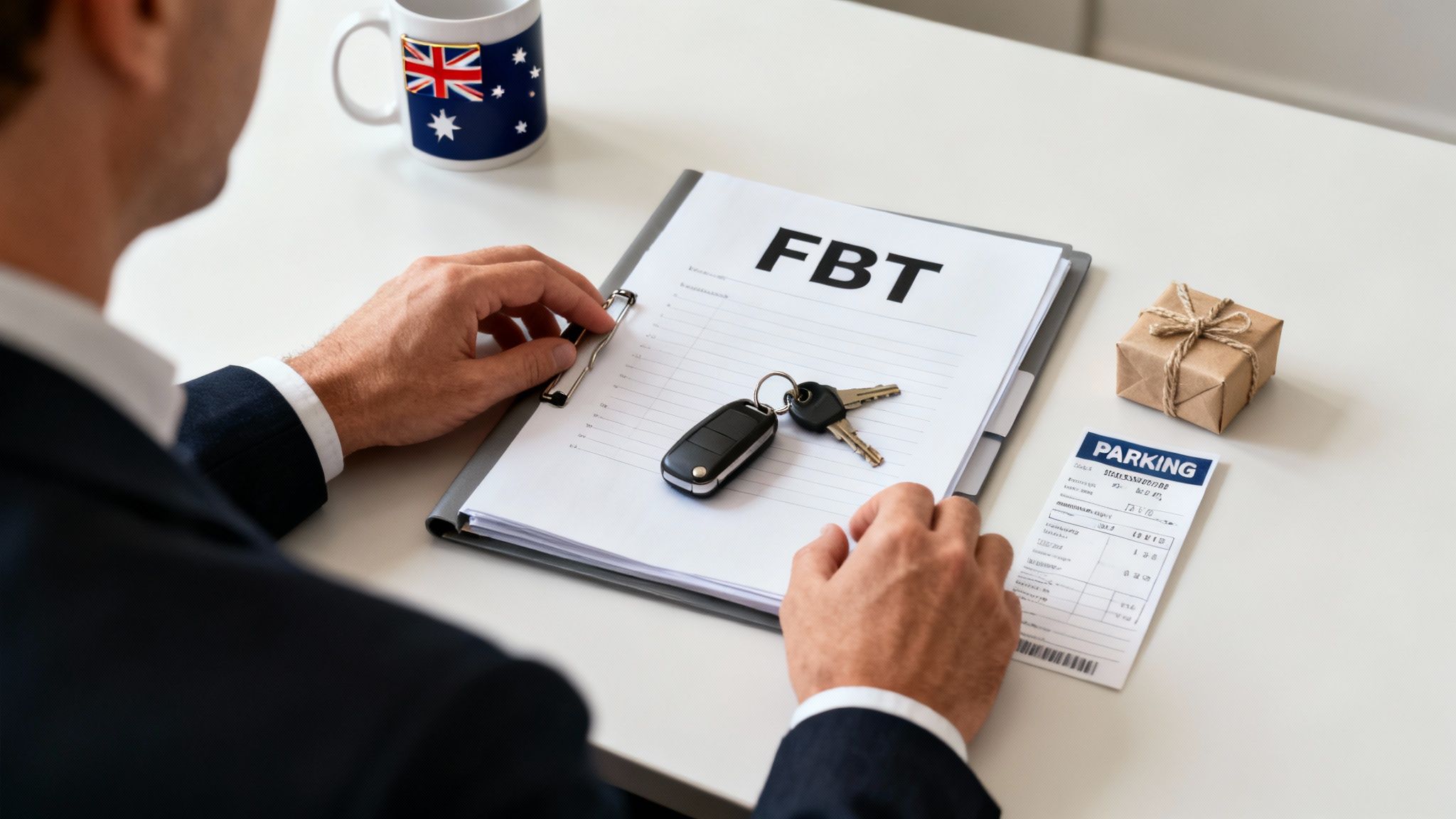 정장 차림의 남자가 FBT 서류와 자동차 열쇠를 검토하며, 호주 머그컵과 주차권이 함께 놓여있다.