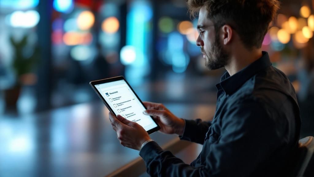 Man reviewing tax records on a tablet in a modern, illuminated setting