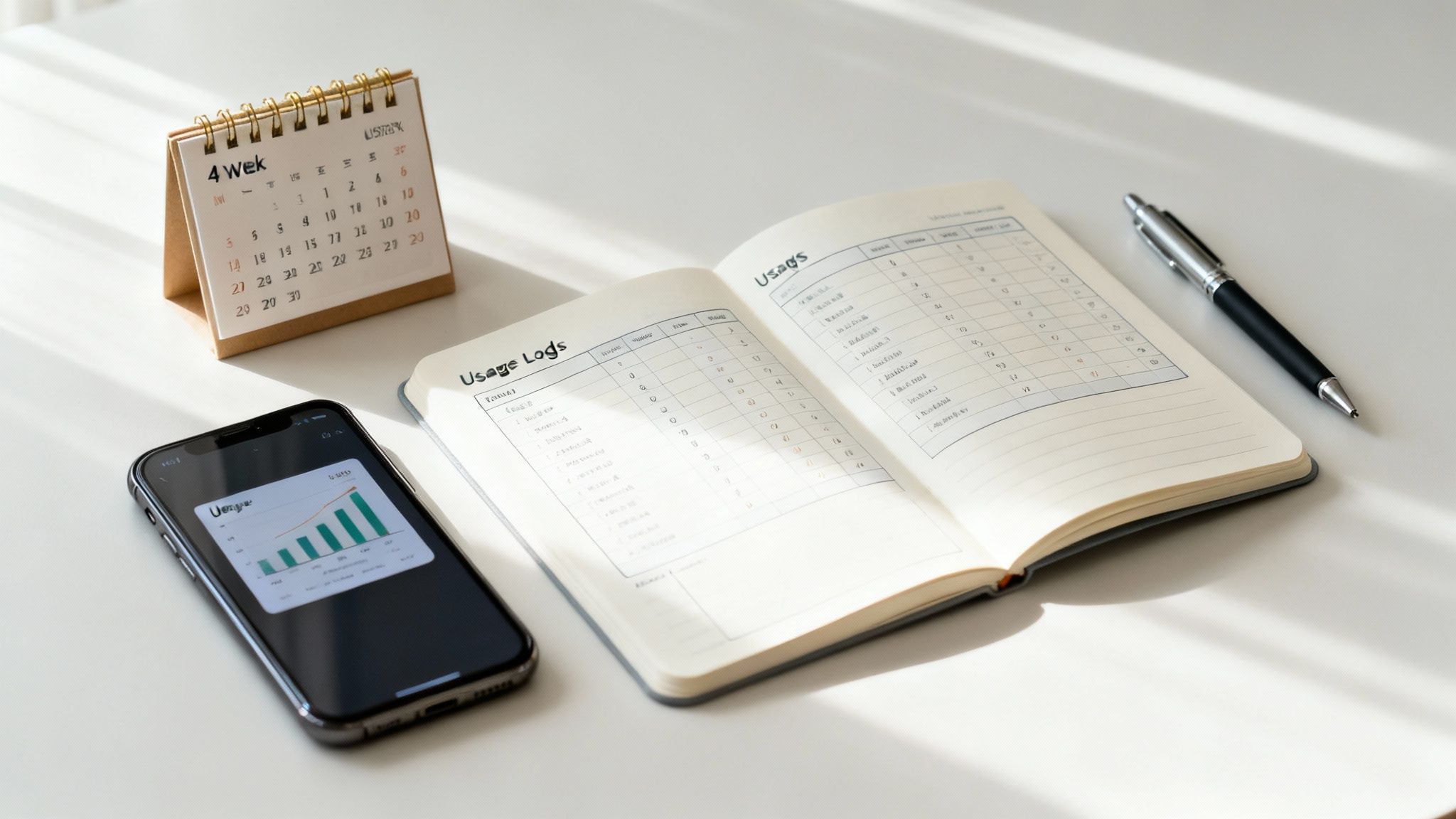 책상 위 스마트폰, 사용 기록이 적힌 노트, 달력, 펜. 데이터 사용량을 추적하고 관리하는 모습.