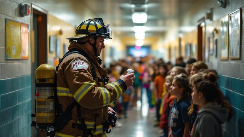 Firefighter engaging with a group of school children in a hallway, highlighting community outreach and education