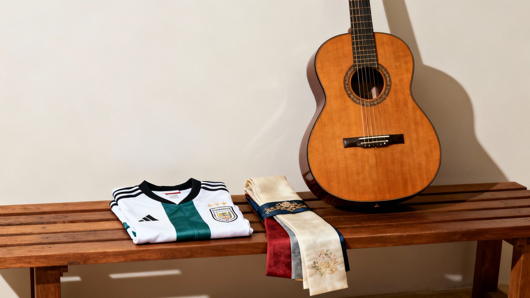 나무 벤치에 접힌 축구 유니폼, 여러 넥타이, 흰 벽에 기댄 통기타가 놓여 있다.