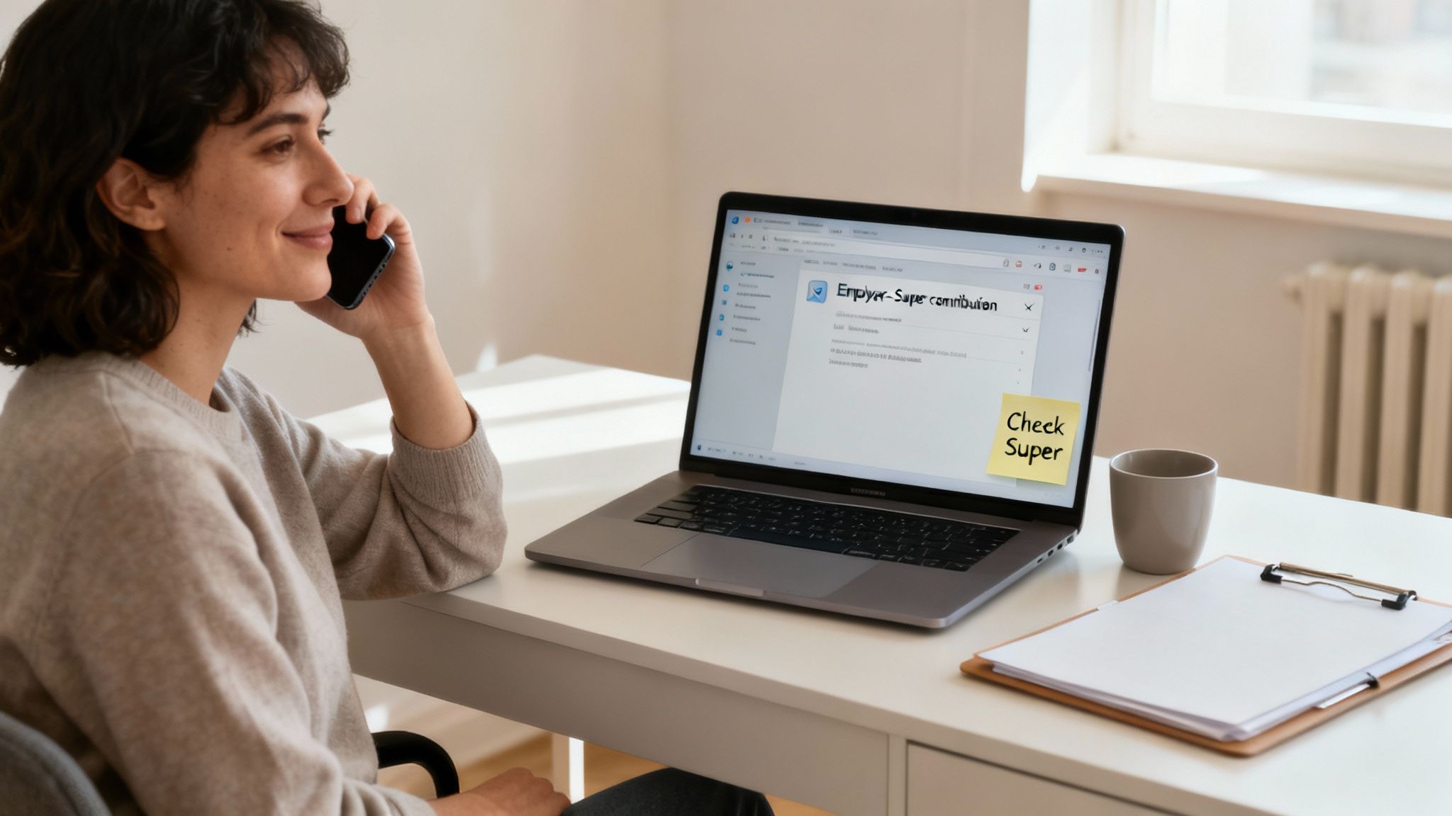 A woman smiles while talking on her phone at a desk with a laptop showing 'Check Super' note.