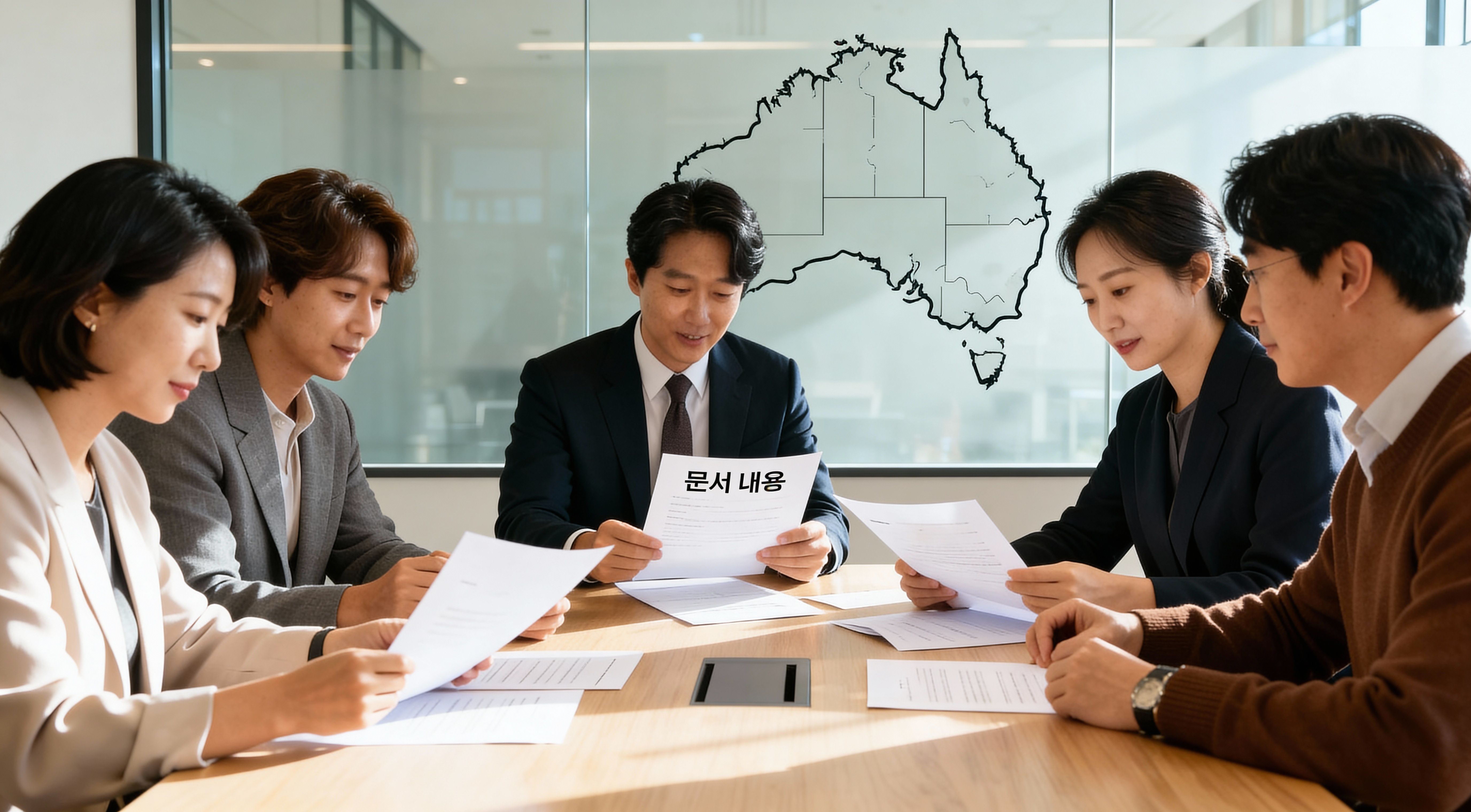 호주 비영리 단체 설립을 논의하는 회의 장면으로 Incorporated Association 법인 구조를 설명하는 이미지