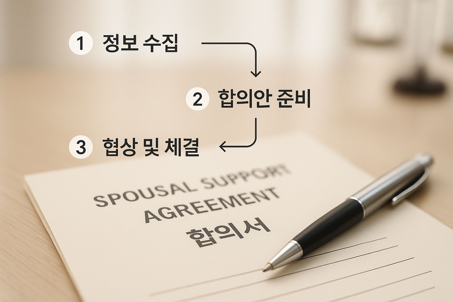 Spousal support agreement document with a pen and Korean labels indicating steps: information collection, proposal preparation, and negotiation