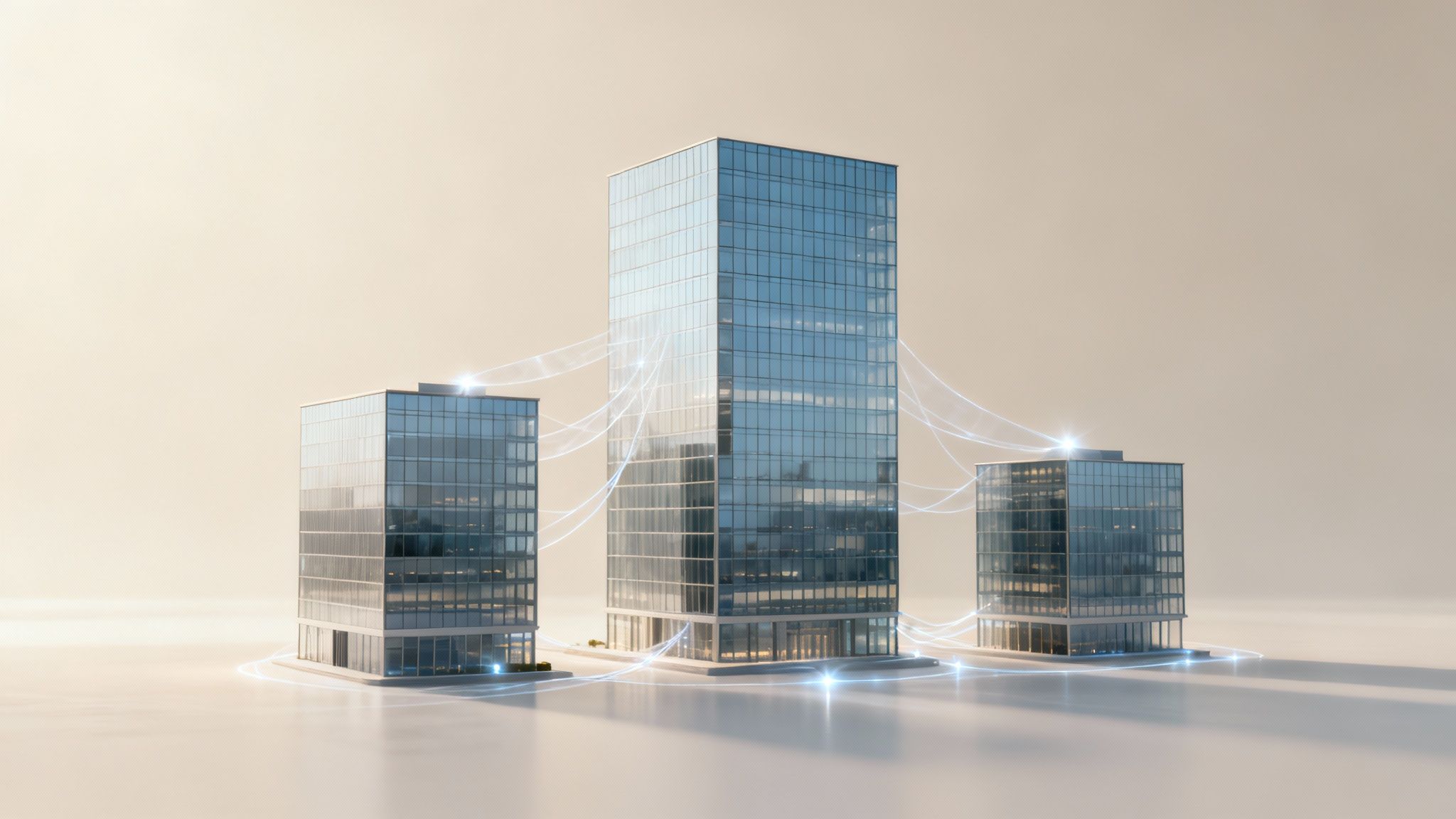 네트워크로 연결된 세 개의 현대적인 유리 건물들이 데이터를 주고받는 모습을 렌더링한 이미지.