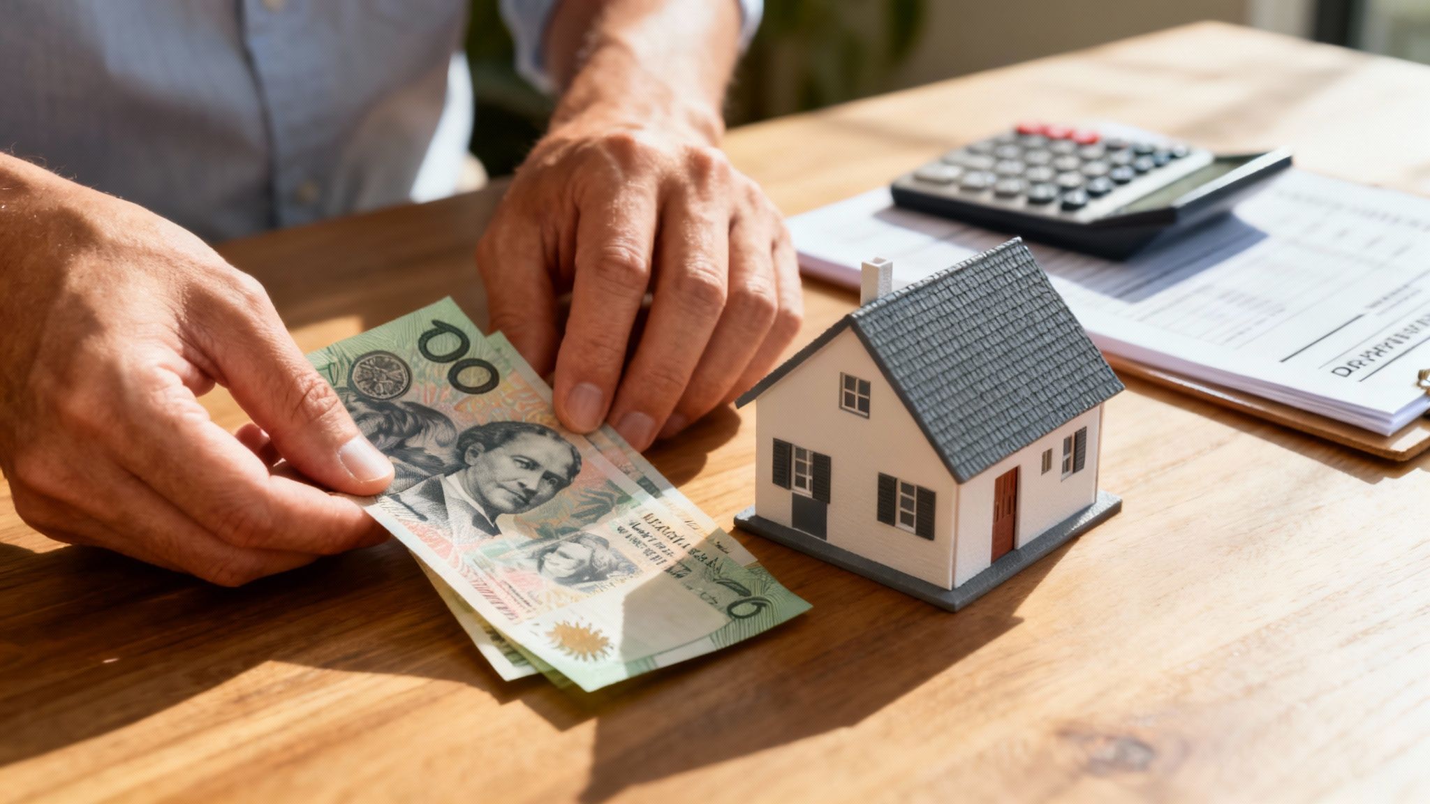 Close-up of hands counting Australian hundred-dollar notes next to a model house.