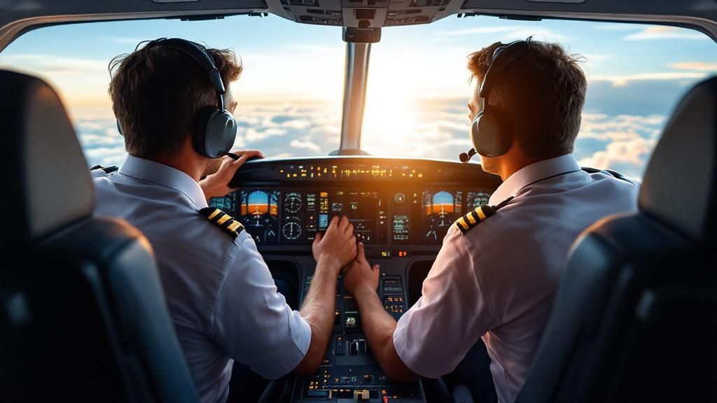 Two airline pilots preparing for flight in a cockpit at sunrise, symbolizing tax preparation for flight crew.