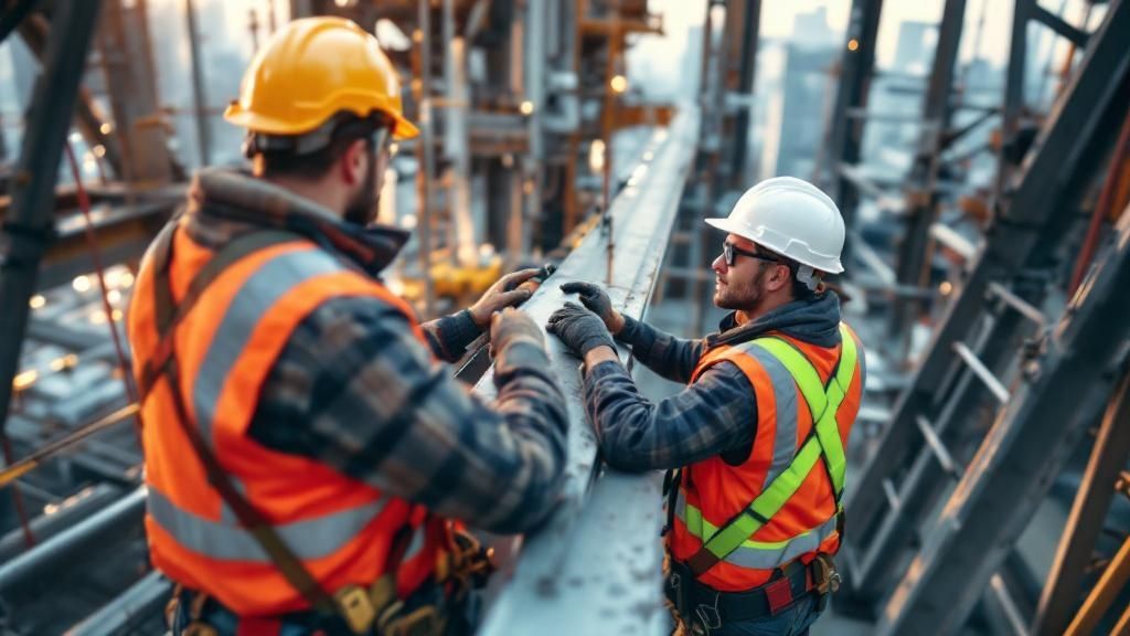 "Two construction workers in safety vests and helmets securing a steel beam on a high-rise structure"