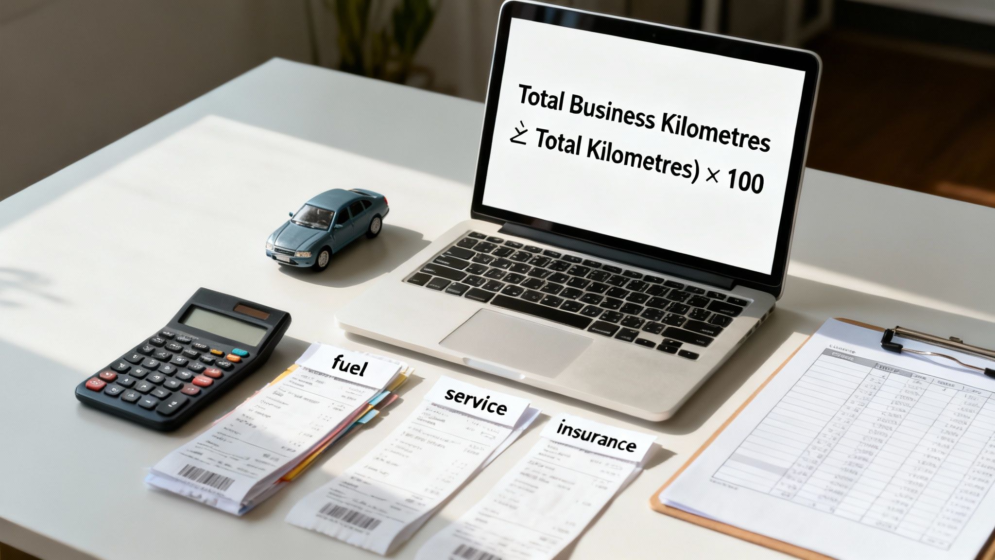 Desk with laptop showing mileage formula, calculator, toy car, and receipts for car expenses.