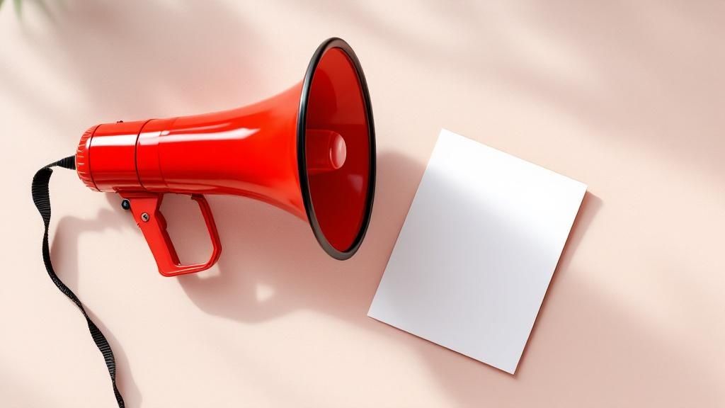 A red megaphone and blank paper on a pink background, symbolizing communication and documentation for repair and maintenance expenses


