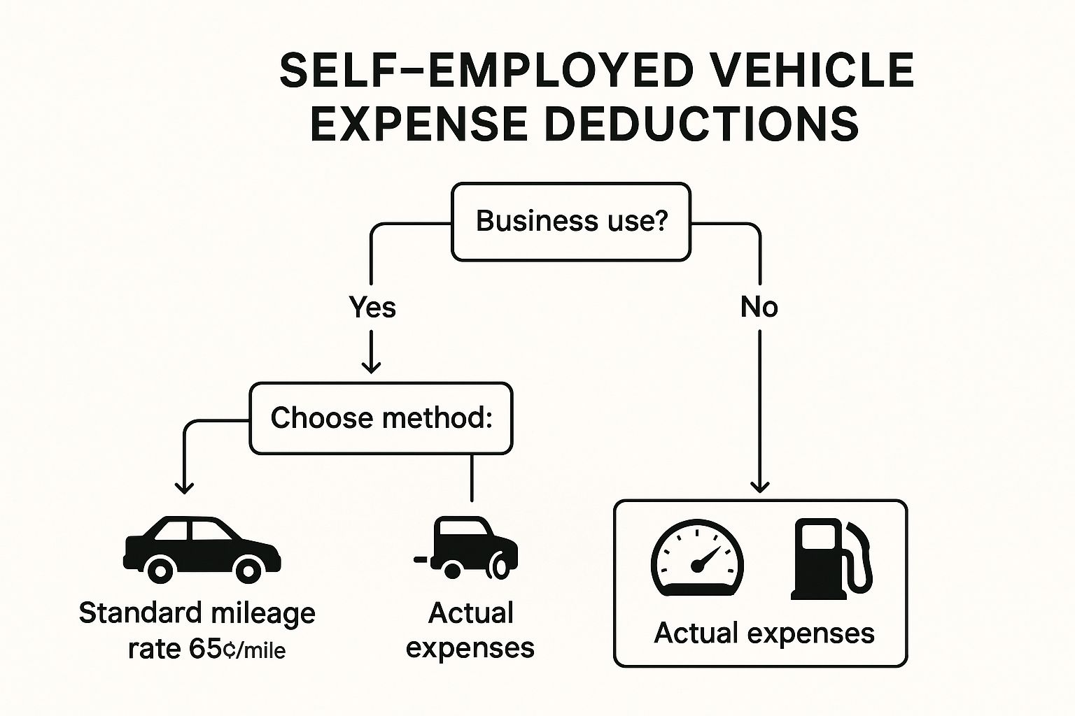 Infographic showing self-employed vehicle expense deduction methods based on business use, with options for standard mileage or actual expenses