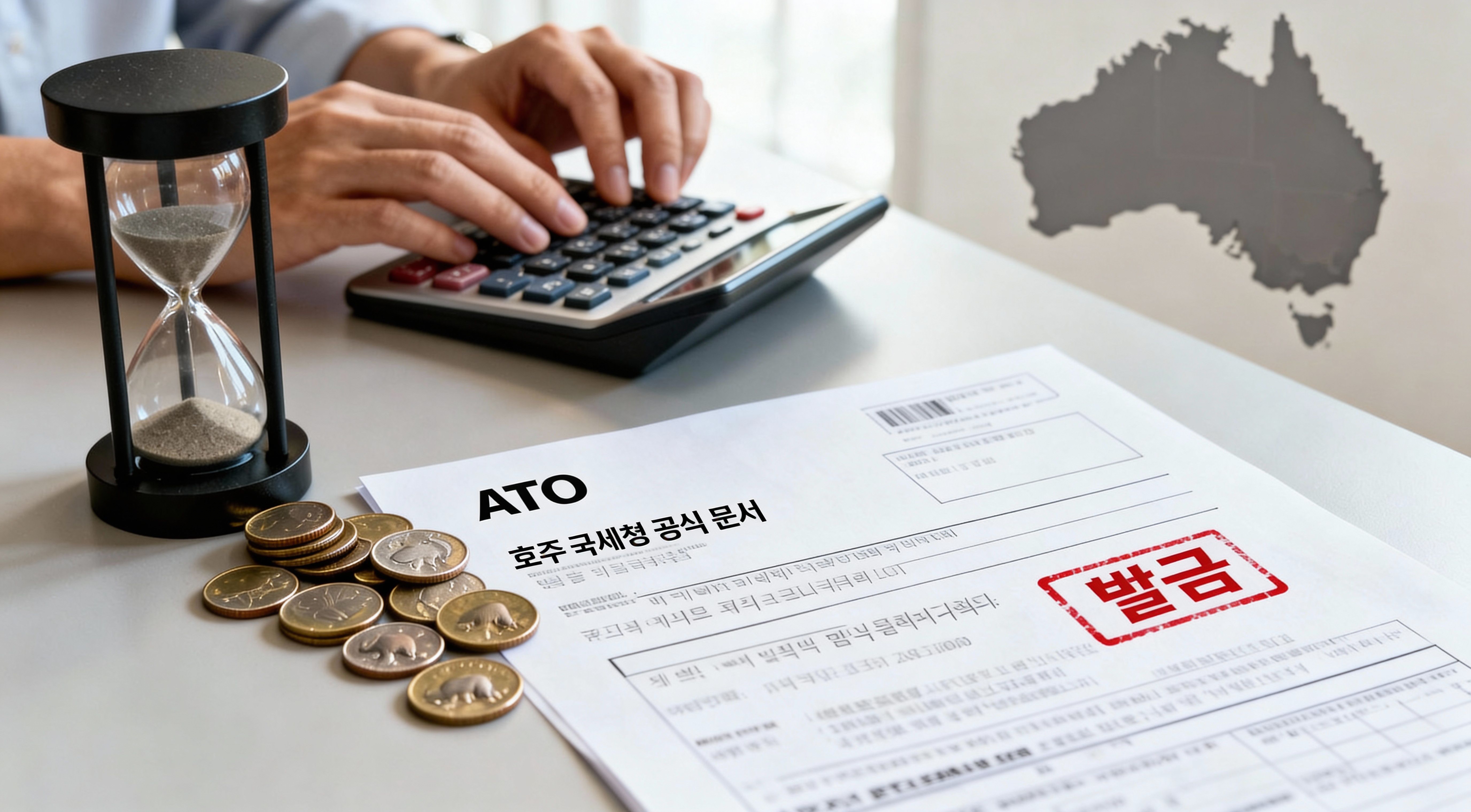 호주 세금 신고를 늦었을 때 발생하는 ATO 벌금(Fine) 규정을 확인하는 세금 신고 서류와 노트북 작업 이미지