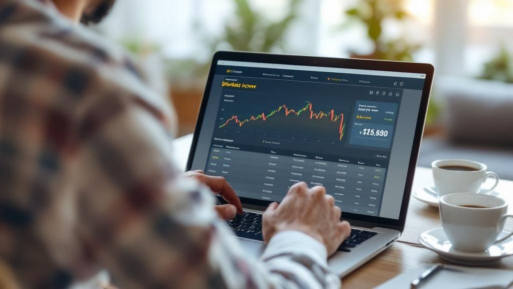 Person using a laptop displaying a dividend income dashboard with charts and figures, illustrating investment tracking and tax outcome analysis.