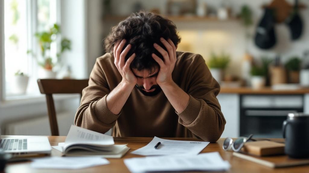 Stressed man holding his head while looking at bills and documents at a kitchen table