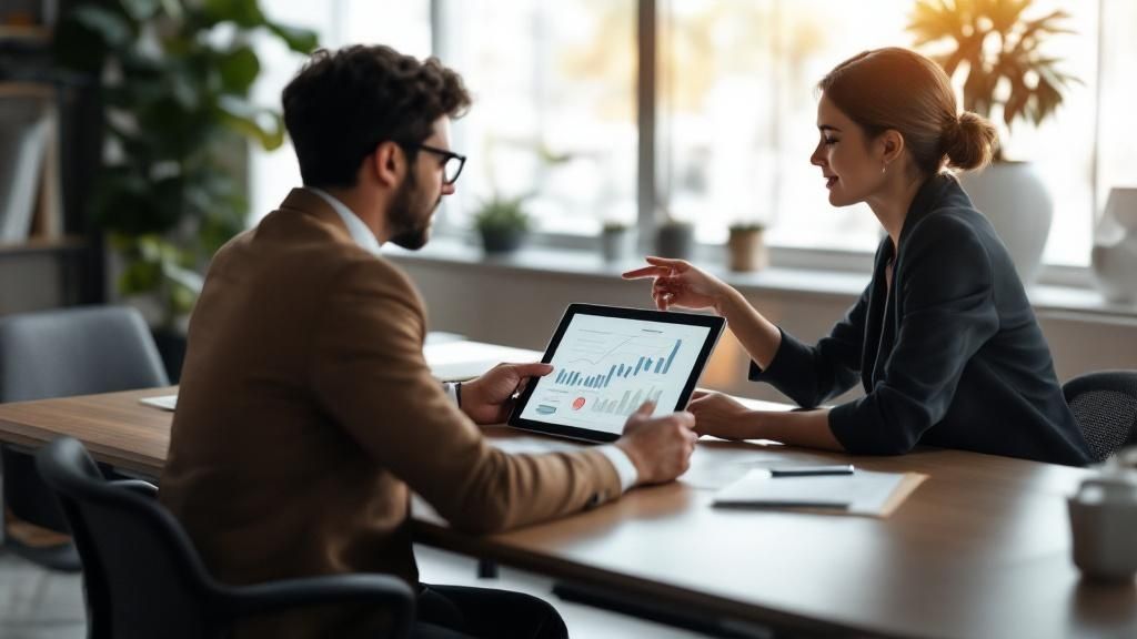A business advisor and a client discussing financial charts on a tablet during a meeting.