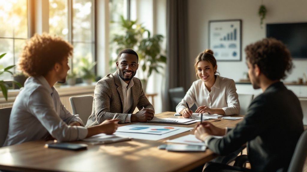 Diverse business team discussing refund strategies in a modern office meeting