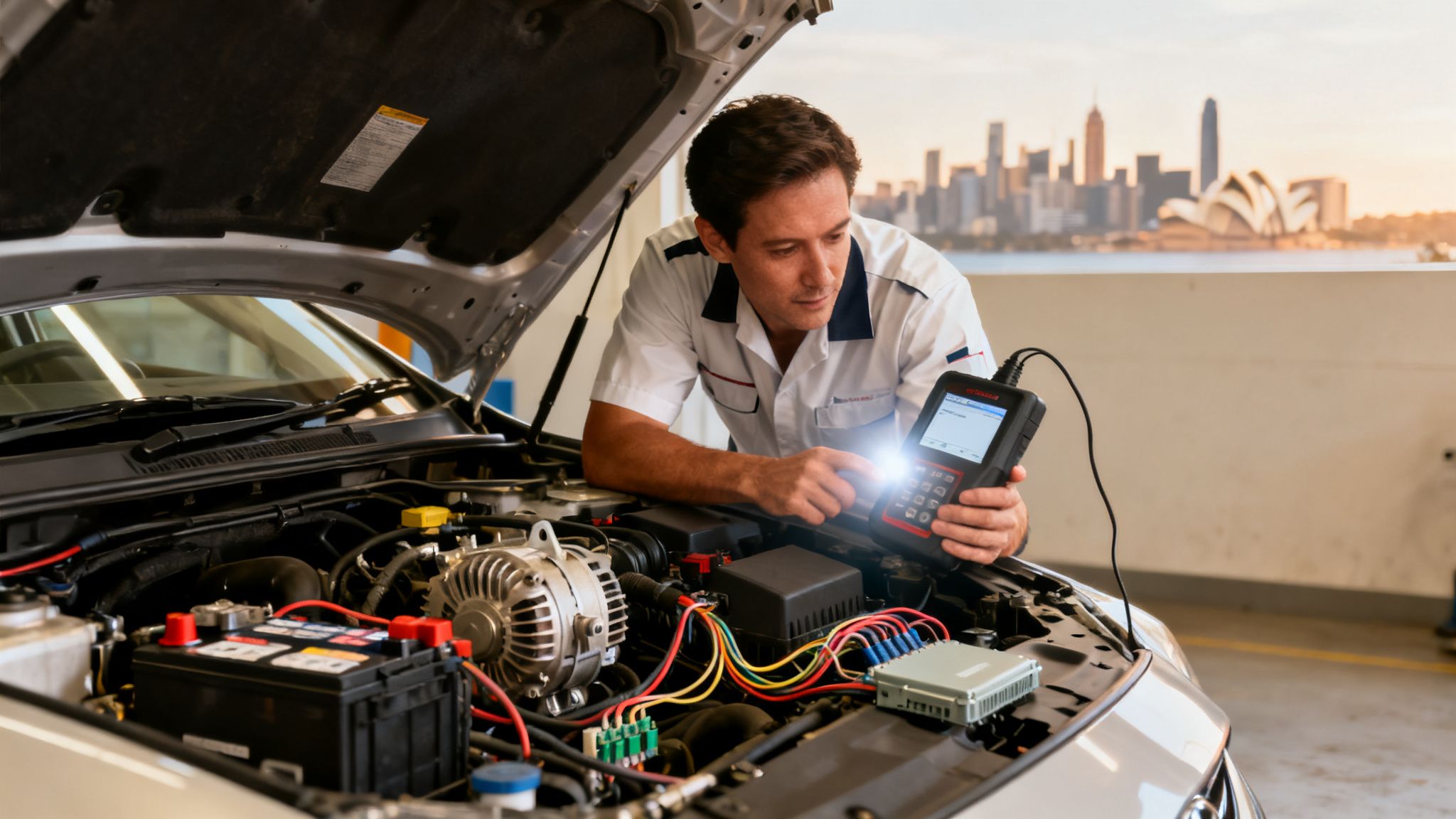 호주에서 자동차 전기 서비스 사업을 운영하며 차량 전자 시스템과 EV 전기 진단을 수행하는 전문 기술자의 모습