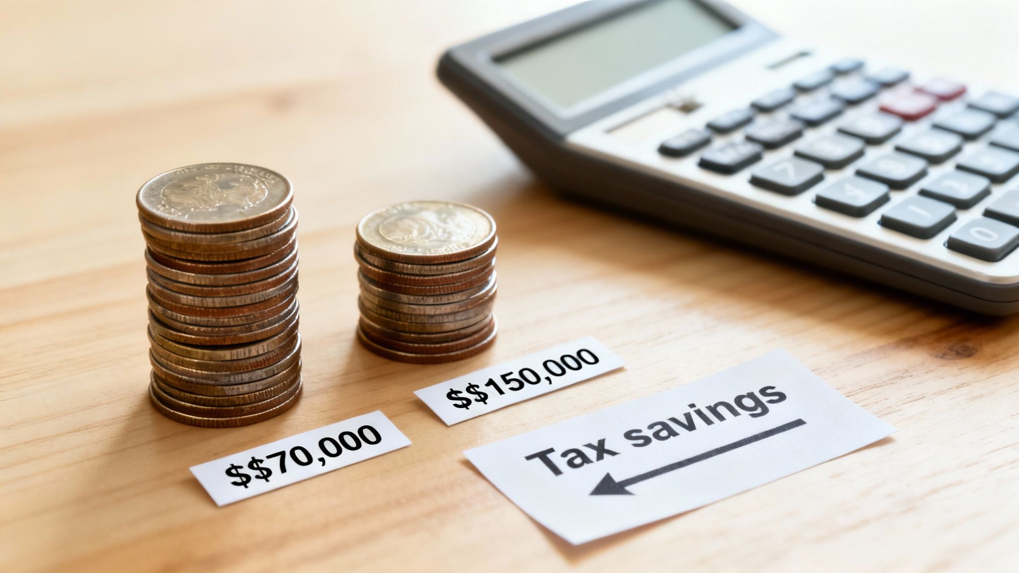 Two stacks of coins with labels '$70,000' and '$150,000', a 'Tax savings' note, and a calculator.