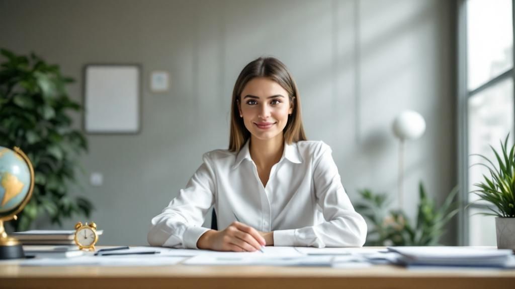 Confident businesswoman in a white shirt sitting at a desk in a modern office