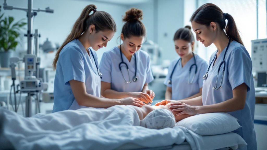 Group of female nurses attending to a newborn baby in a hospital setting