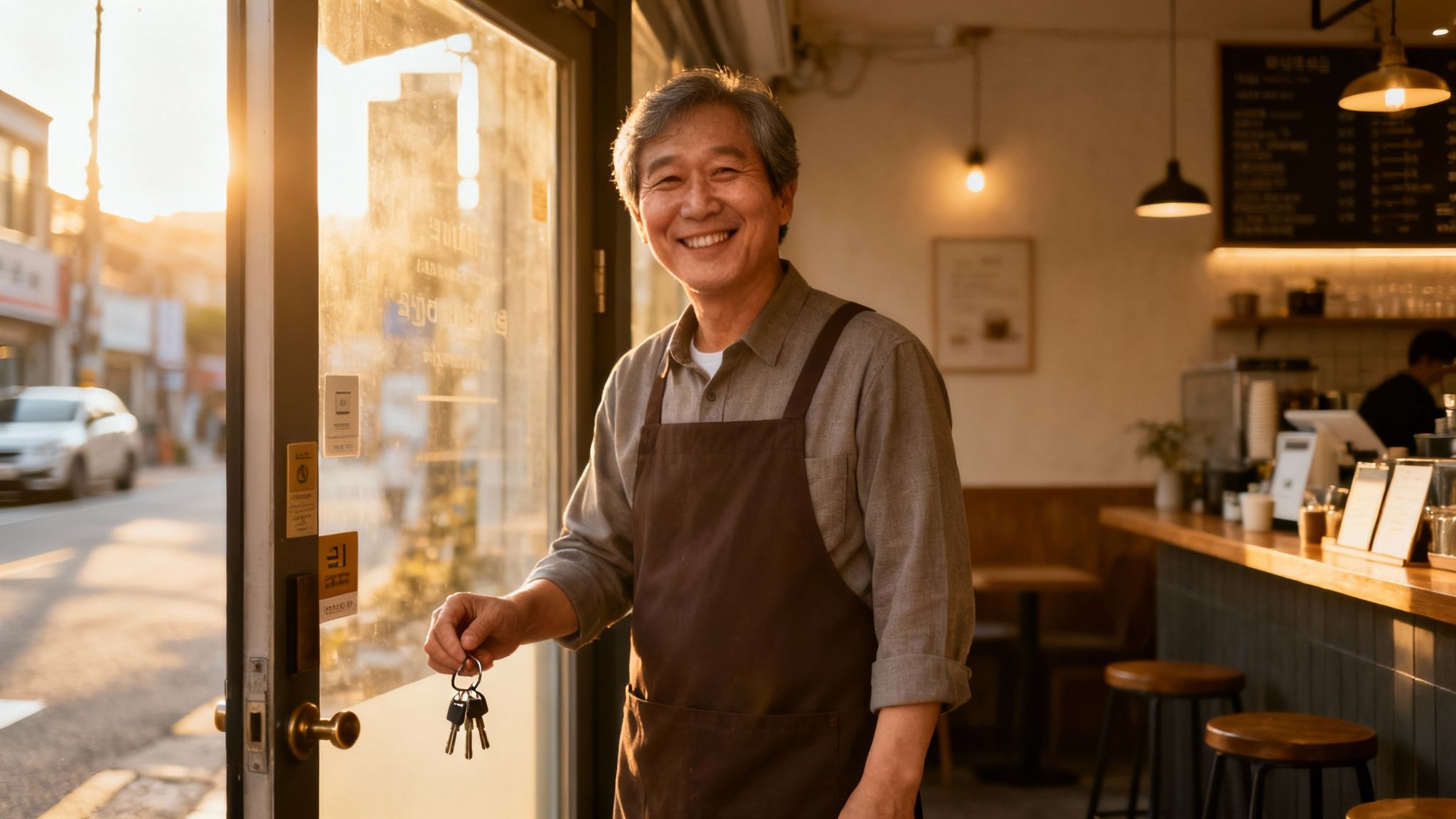 햇살 비치는 카페 입구에서 웃으며 열쇠를 든 행복한 한국인 소상공인 남성