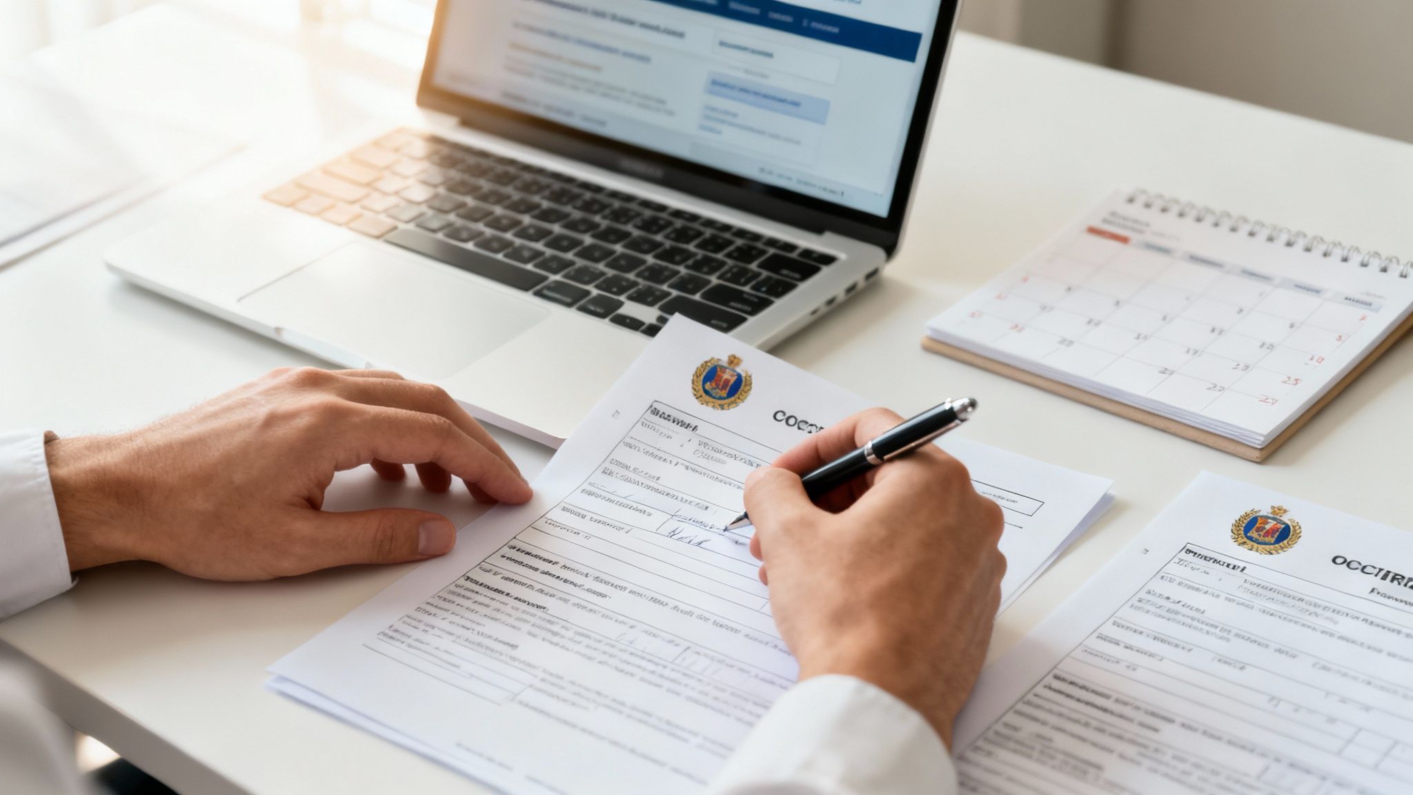 책상에 앉아 서류를 작성하고 노트북과 달력을 사용하는 사람의 모습