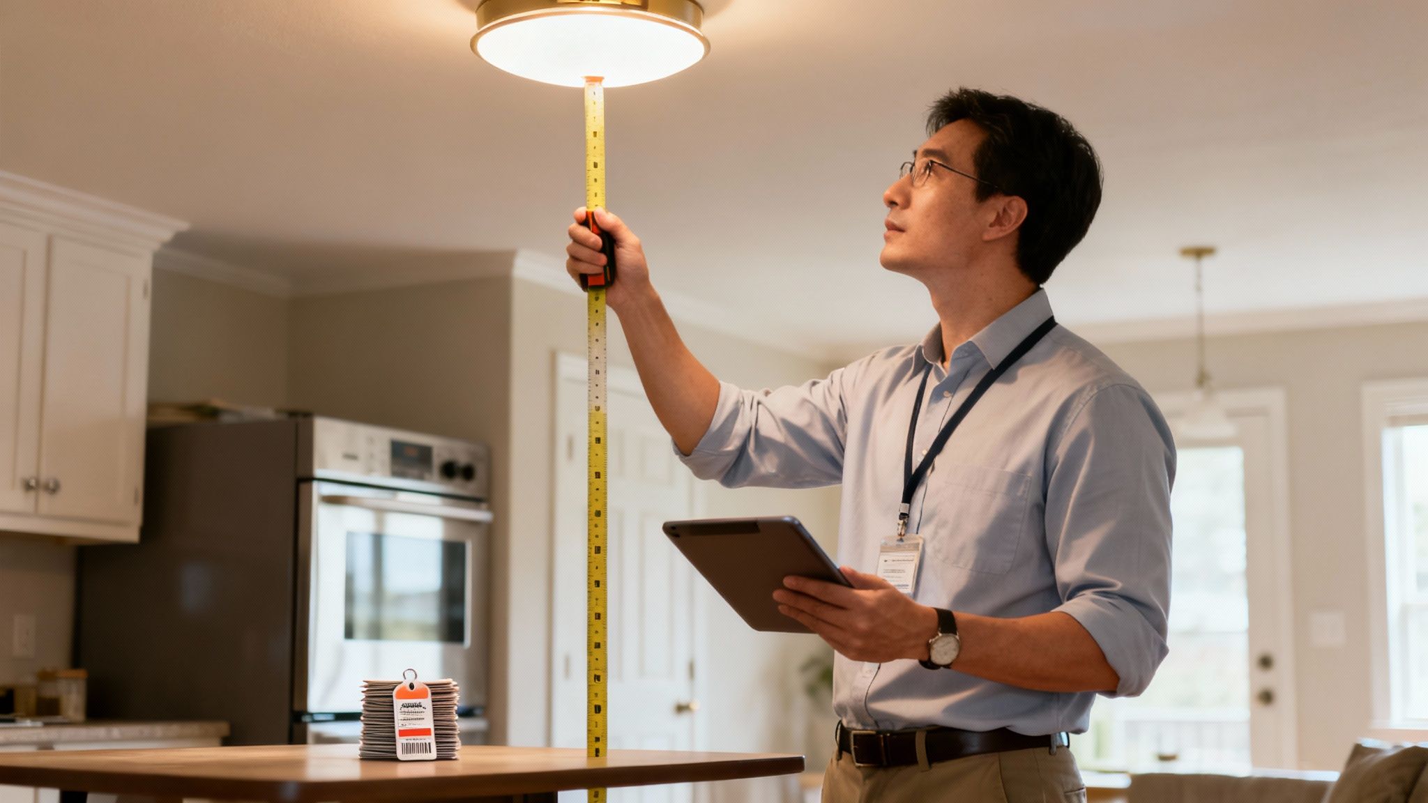 주택에서 감정사가 천장 조명의 높이를 측정하며 태블릿에 기록하는 모습